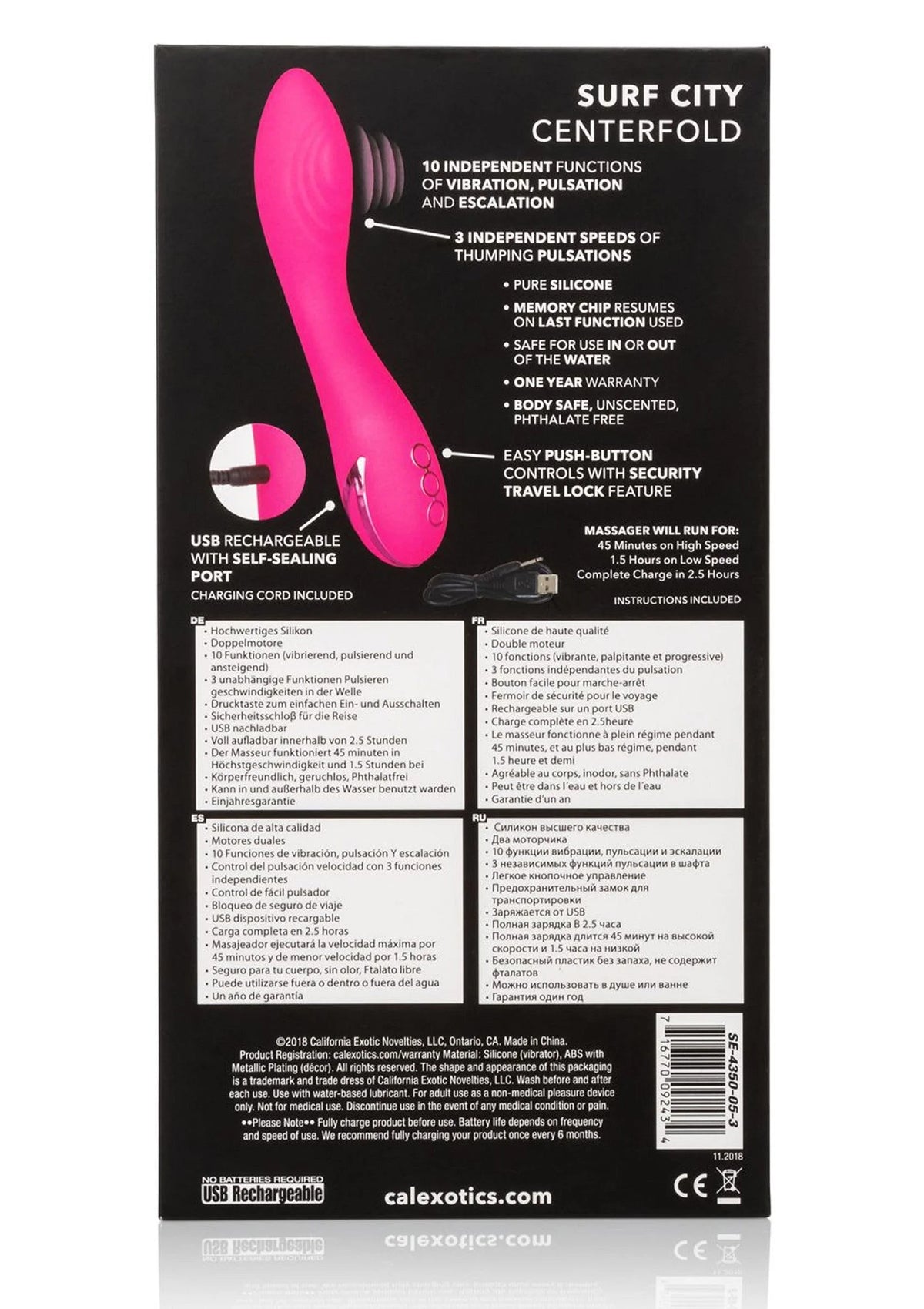 Achterzijde verpakking van Surf City Centerfold vibrator, roze productafbeelding
