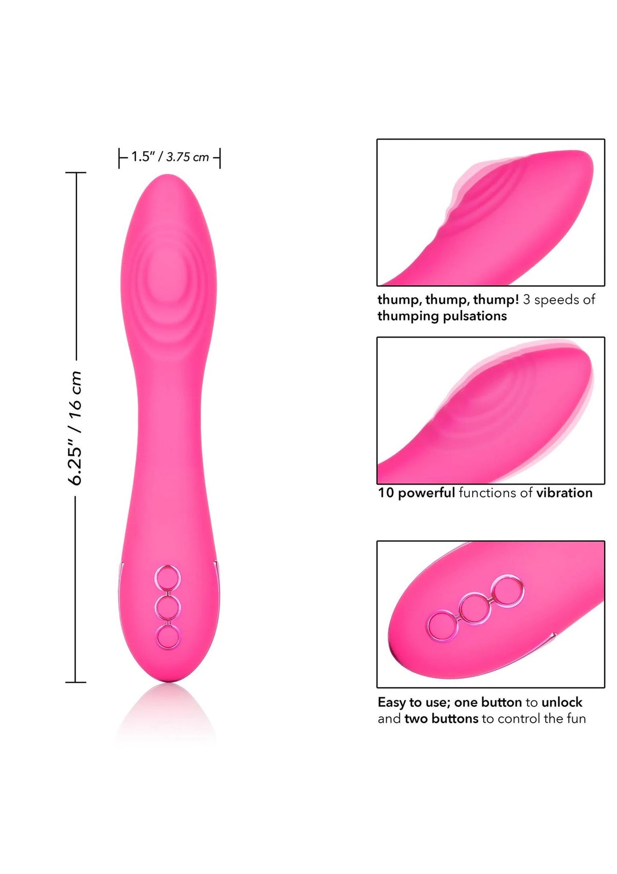 Roze siliconen vibrator met reliëf en knoppen aan onderzijde, staand getoond