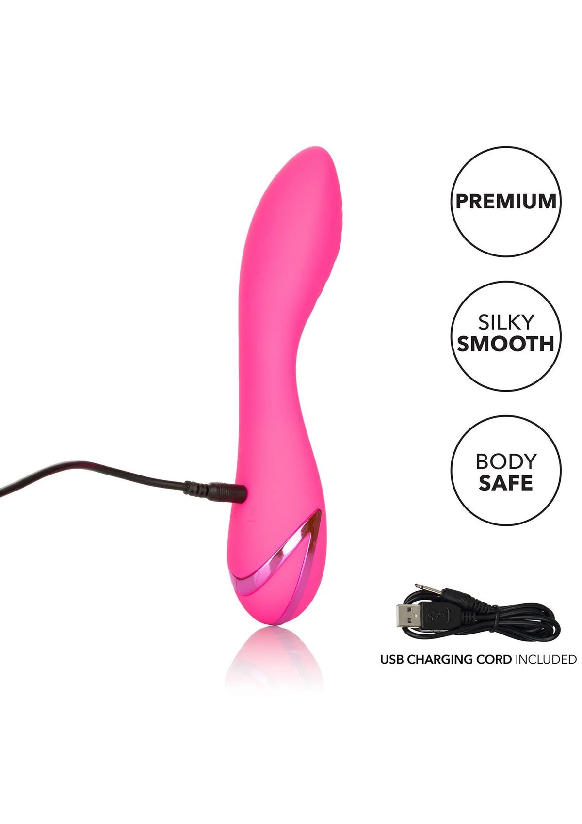 Roze siliconen vibrator met gebogen vorm en laadkabel, zijaanzicht