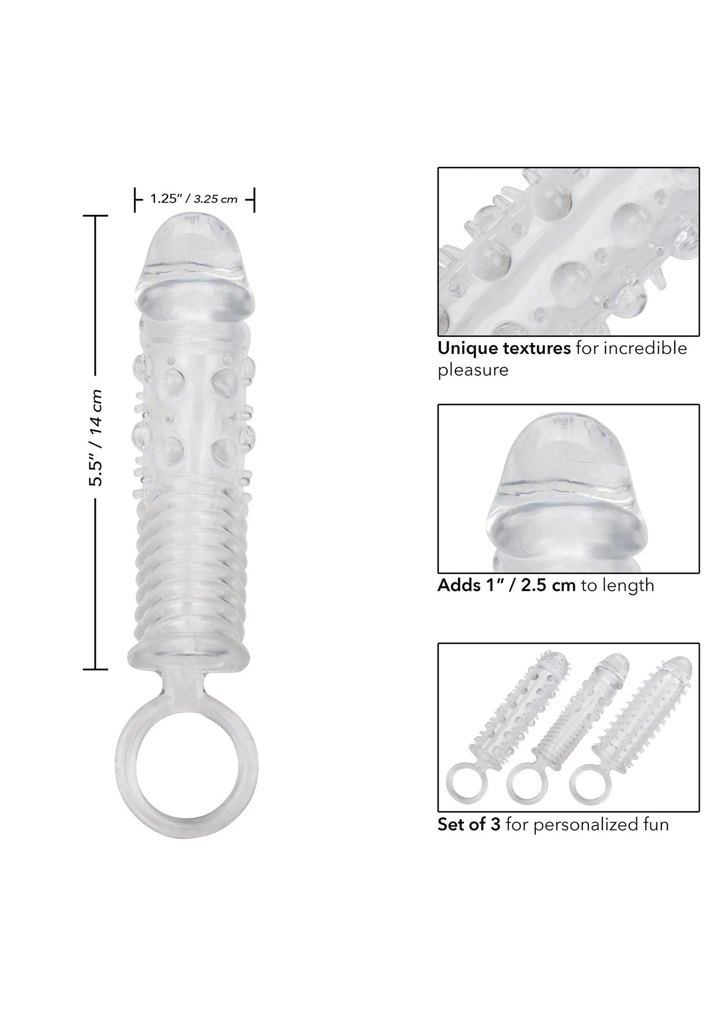Transparante verlengset met textuurhuls en ring, set van 3