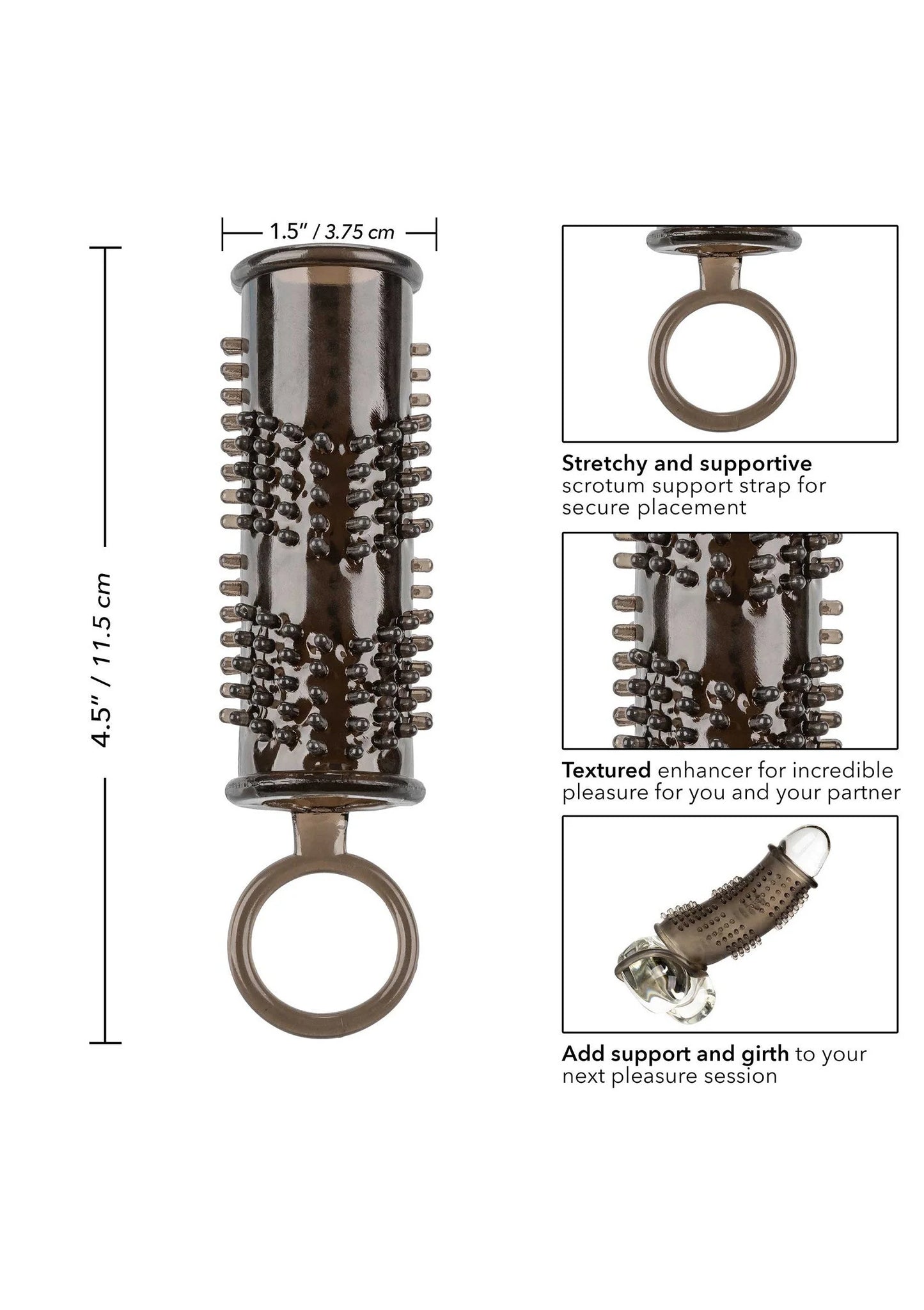 Bronzen noppenstimulatierring met koker en open ring, met afmetingen en inzet