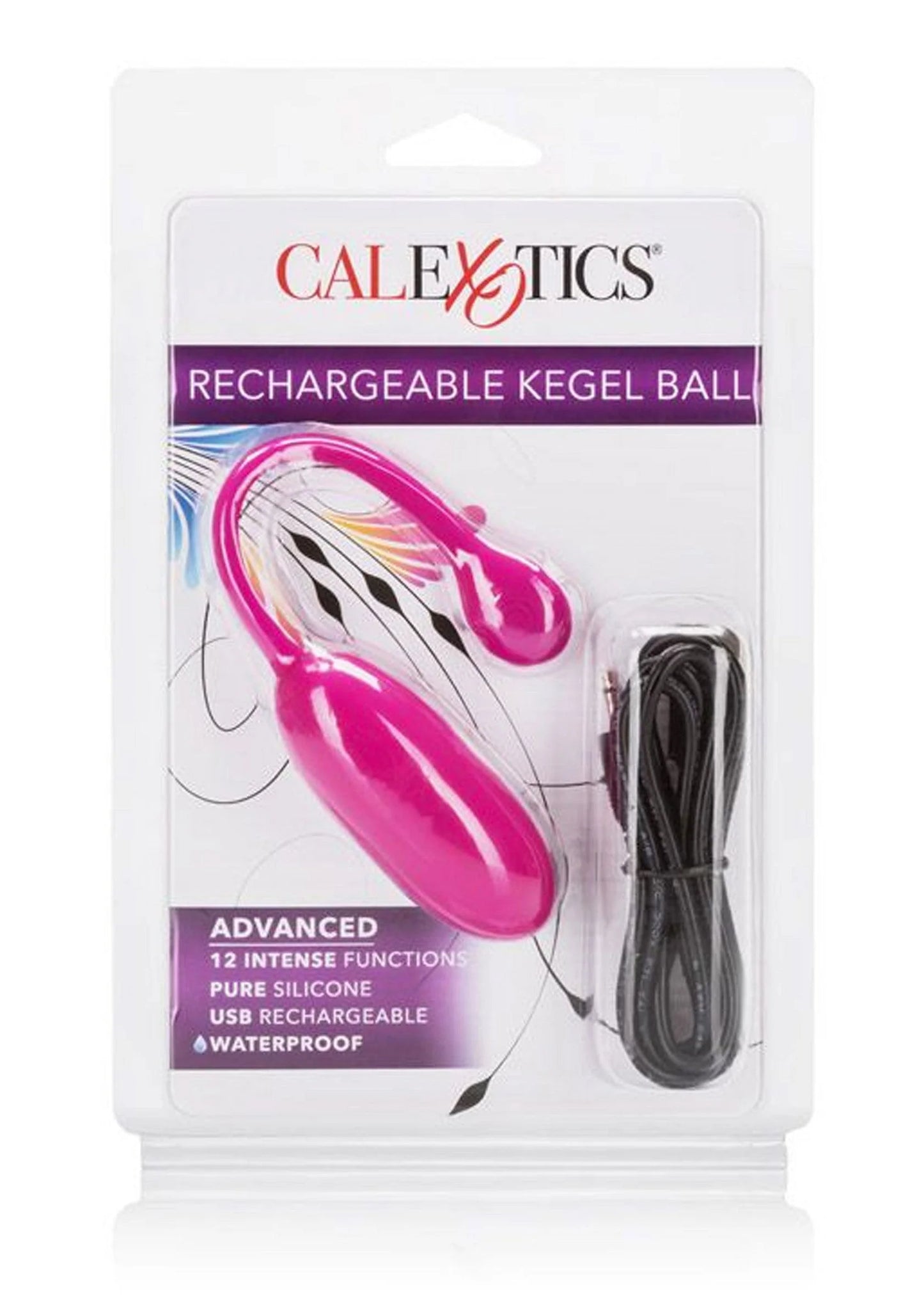 CalExotics blisterverpakking: oplaadbare kegelbal, felroze, kabel in apart vak.