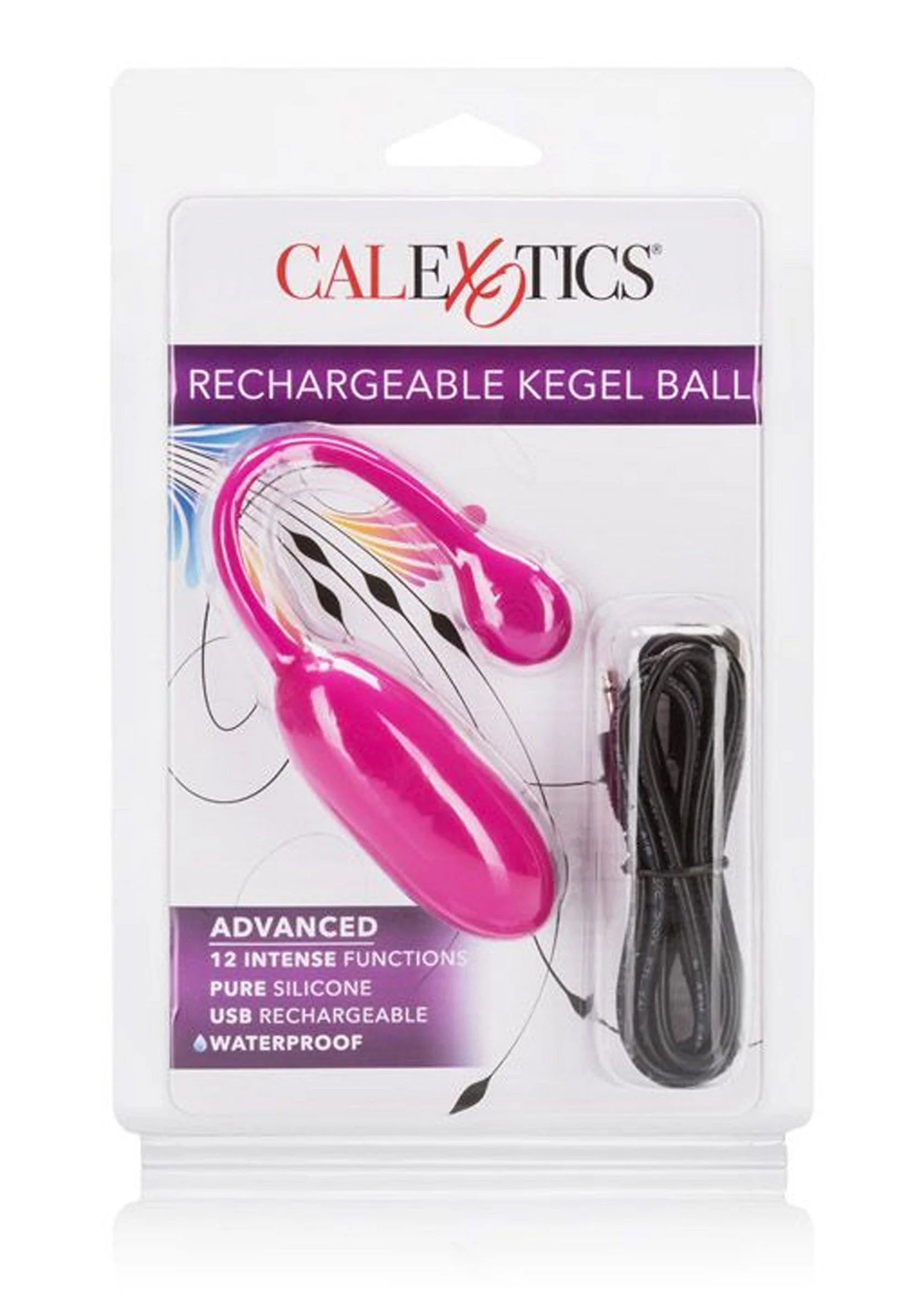 CalExotics blisterverpakking: oplaadbare kegelbal, felroze, kabel in apart vak.