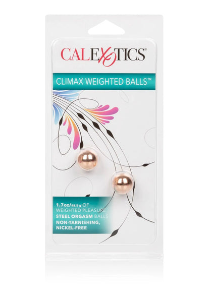 CalExotics verpakking met rose-gouden gewogen kogels afgebeeld.