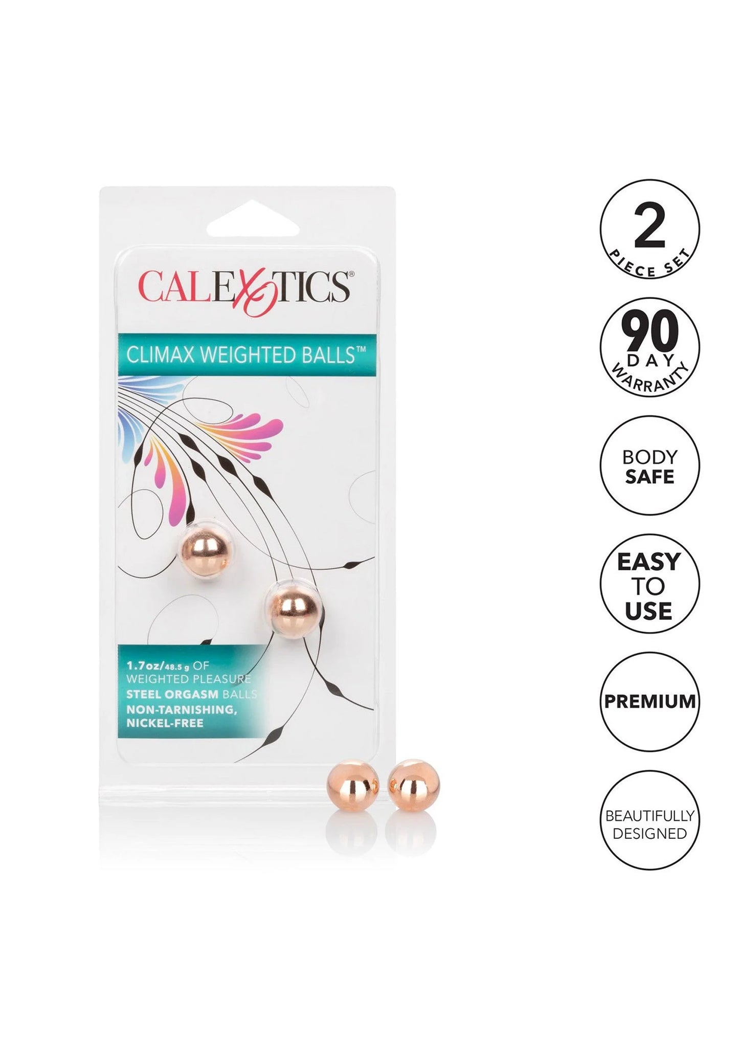 CalExotics verpakking met pictogrammen en 2 rose-gouden gewogen kogels.