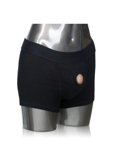 Zwarte boxer slip-harnas met vooruitsparing en ovale applicatie op de zijkant