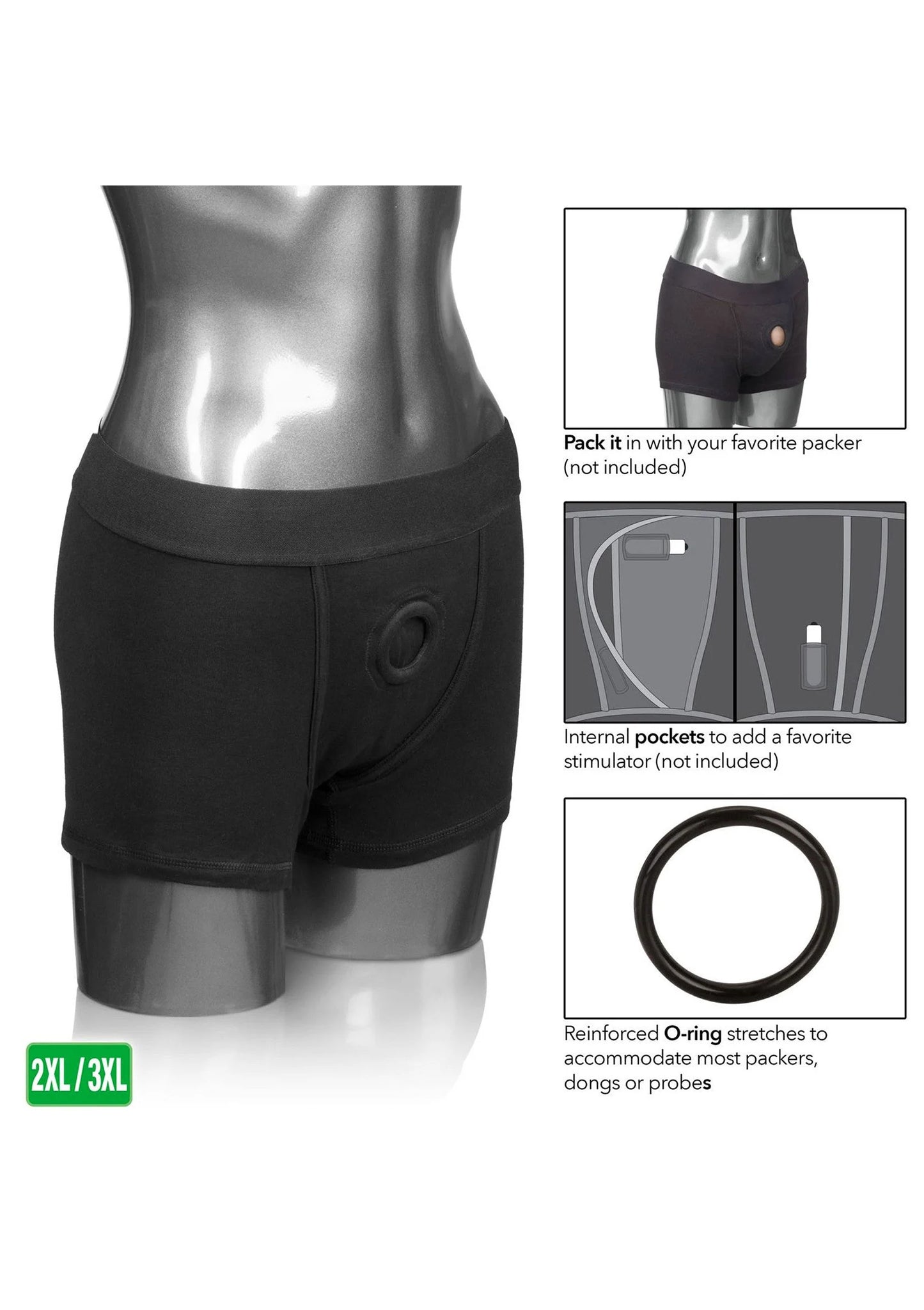 Zwarte boxer slip-harnas met vooropening, ronde O-ring en interne zakken
