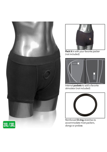 Zwarte boxer slip-harnas met vooropening, ronde O-ring en interne zakken