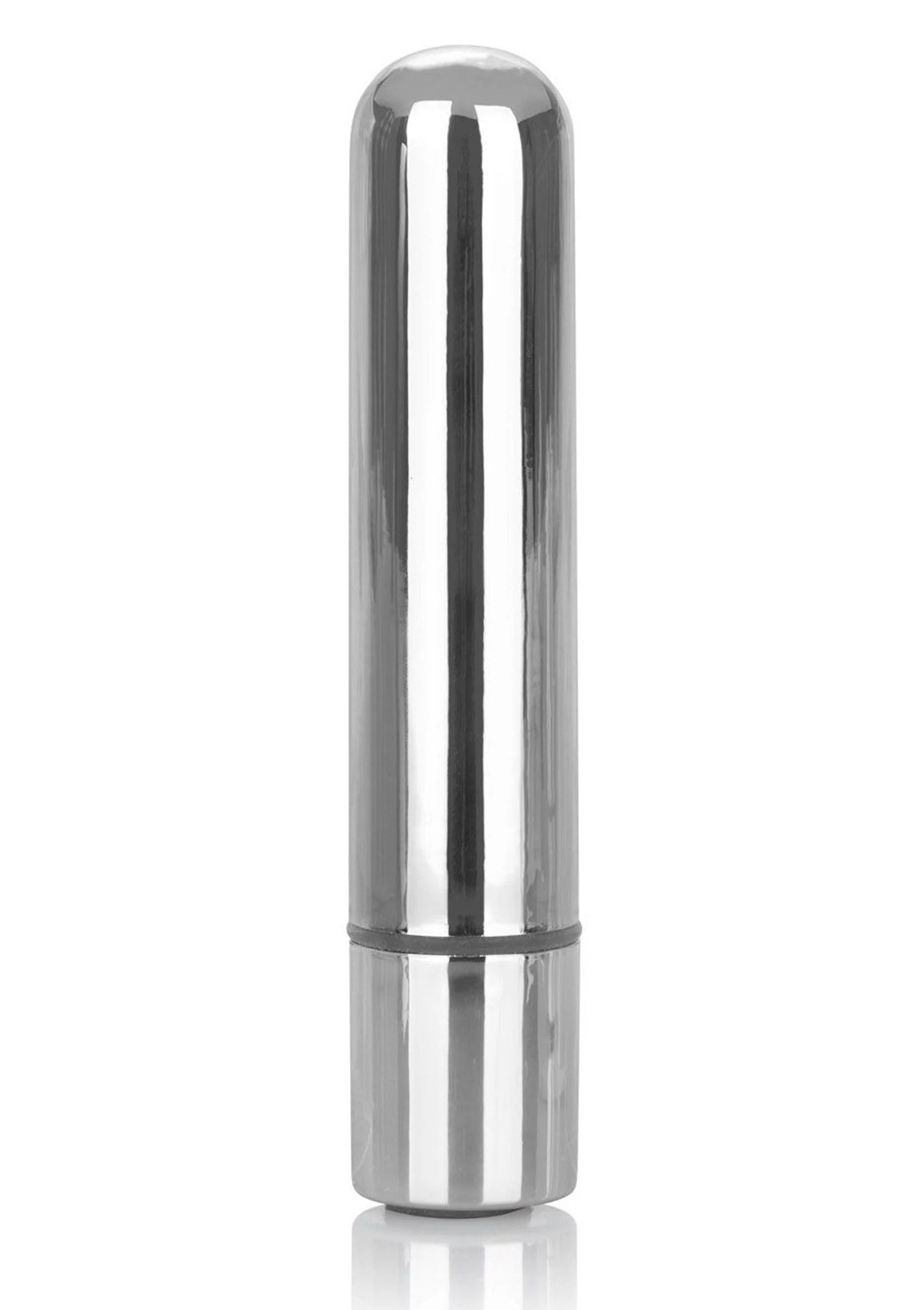 Oplaadbare zilverkleurige bullet met afgeronde top en gladde behuizing.