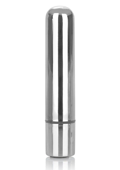 Oplaadbare zilverkleurige bullet met afgeronde top en gladde behuizing.