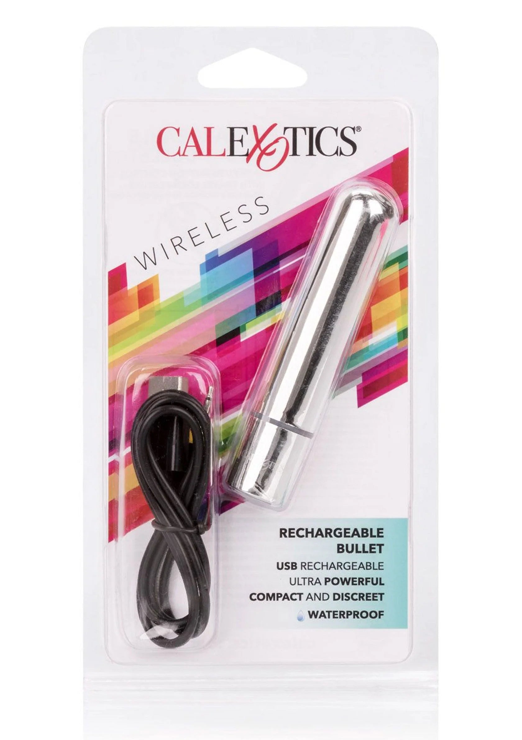 CalExotics draadloze oplaadbare bulletverpakking met zilveren toestel en USB-kabeltje.
