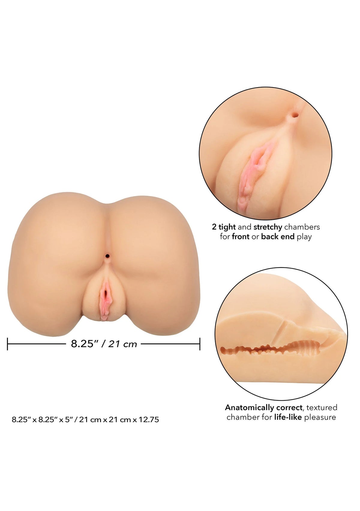 Afbeeldingsdiagram van levensechte billenprothese bruinbeige met afmetingen en details