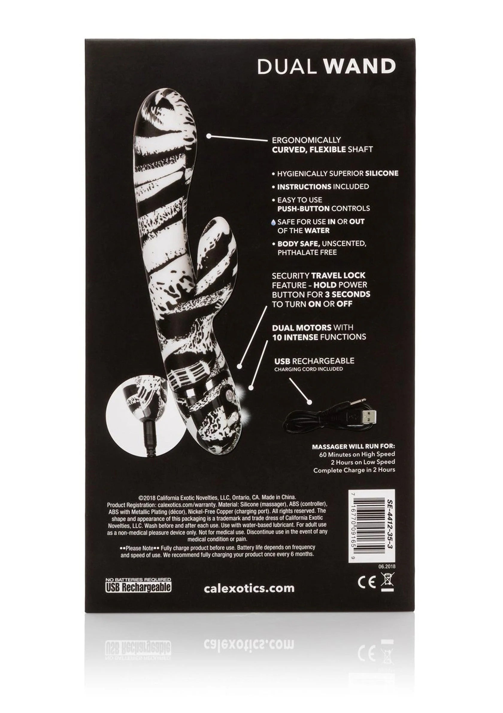 Dual wand verpakking achterzijde met zebraprint afbeelding en specificaties