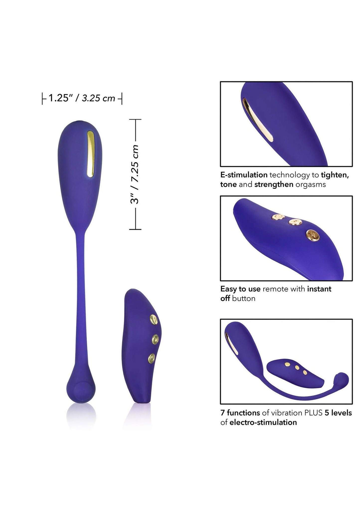 Paarse kegelstimulator en afstandsbediening, met afmetingen en knopdetails