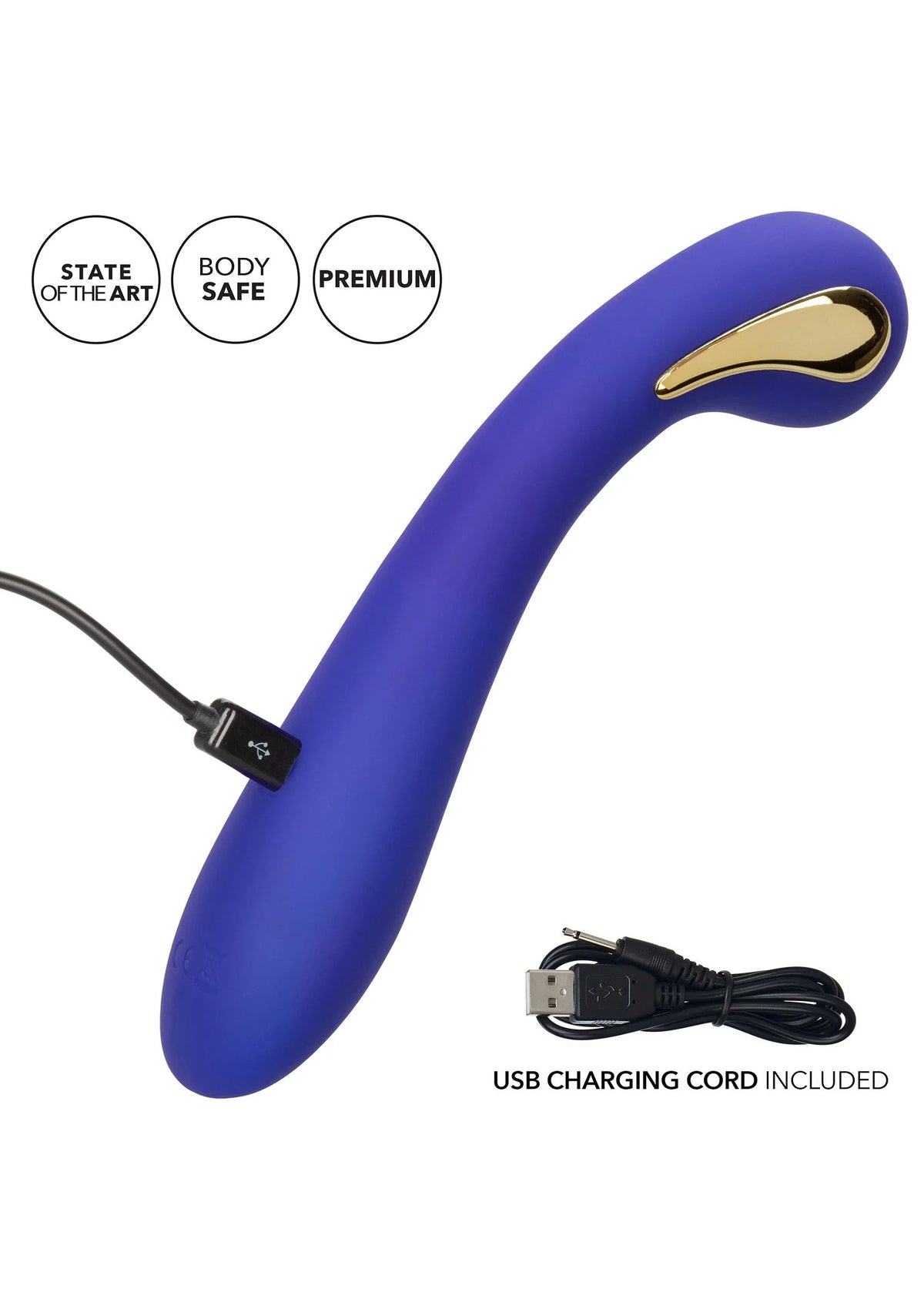 Paarse siliconen wandvibrator met gouden top en USB-oplaadkabel