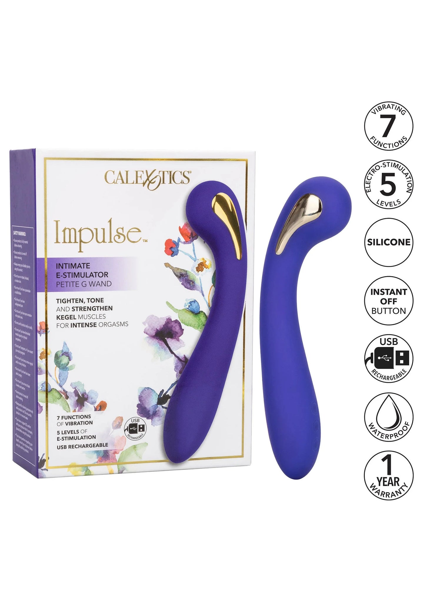 CalExotics doos en paarse wandvibrator met gouden uiteinde en keurmerken