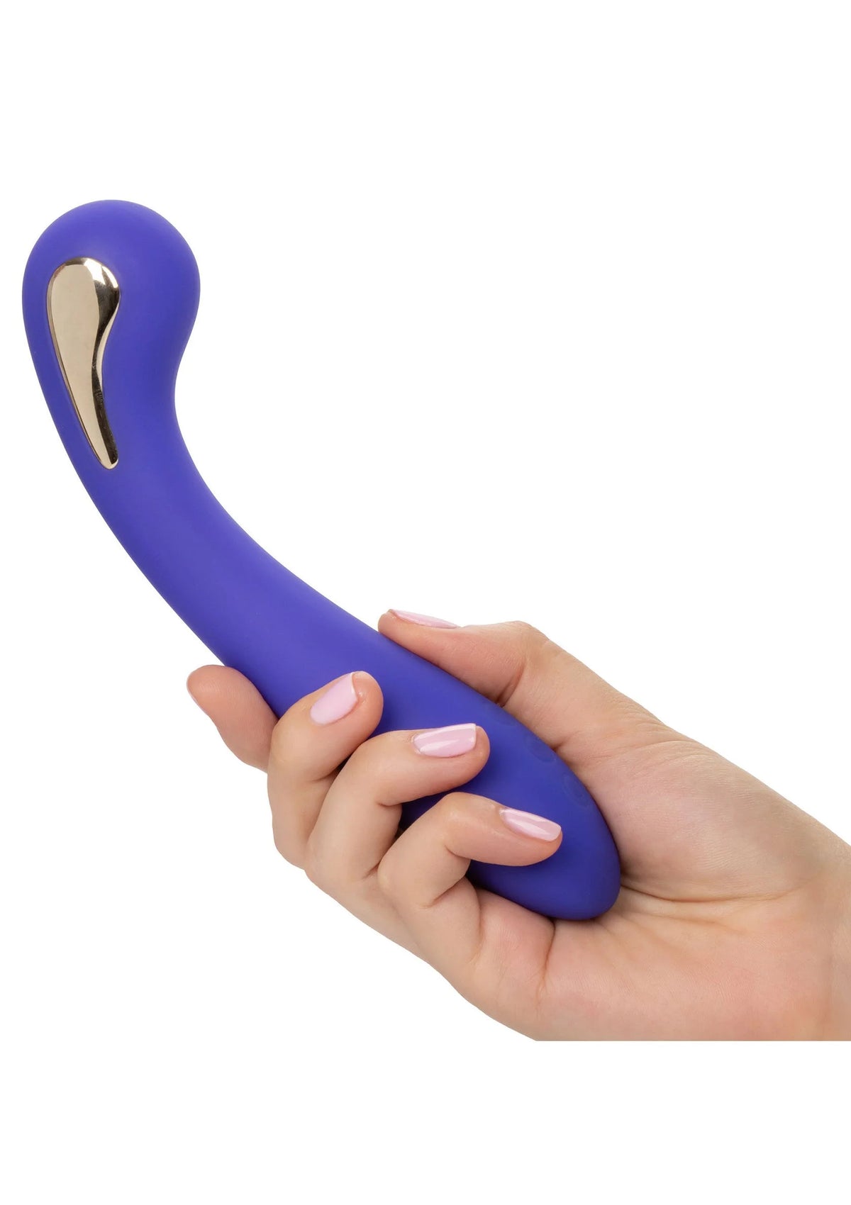 Paarse wandvibrator met gouden top in hand