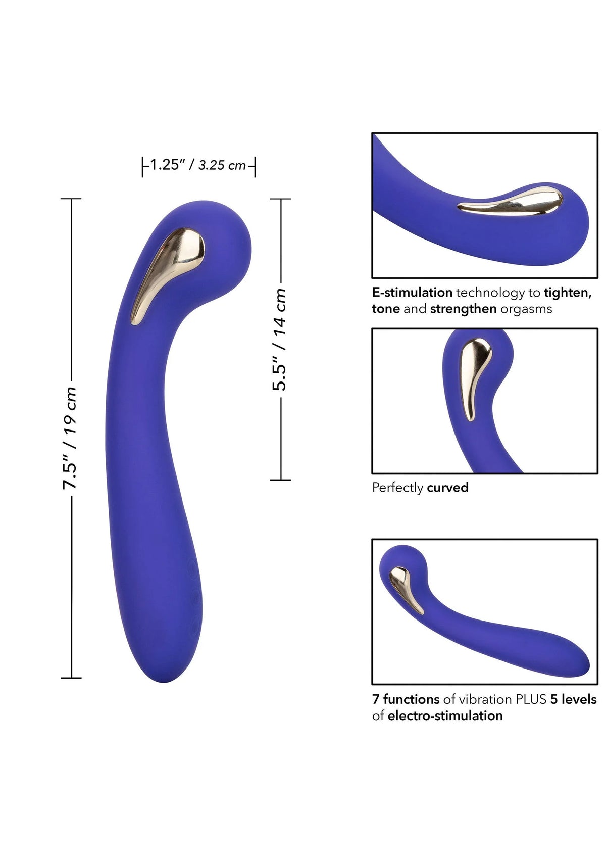 Paarse gebogen wandvibrator met gouden top en afmetingen