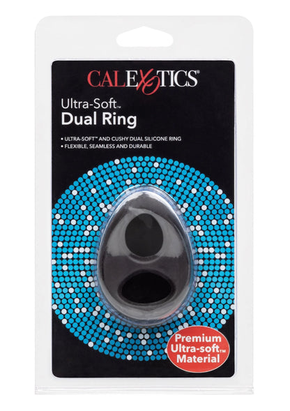 CalExotics Ultra-Soft dual ring op verpakking, zwarte siliconen ring met twee open lussen