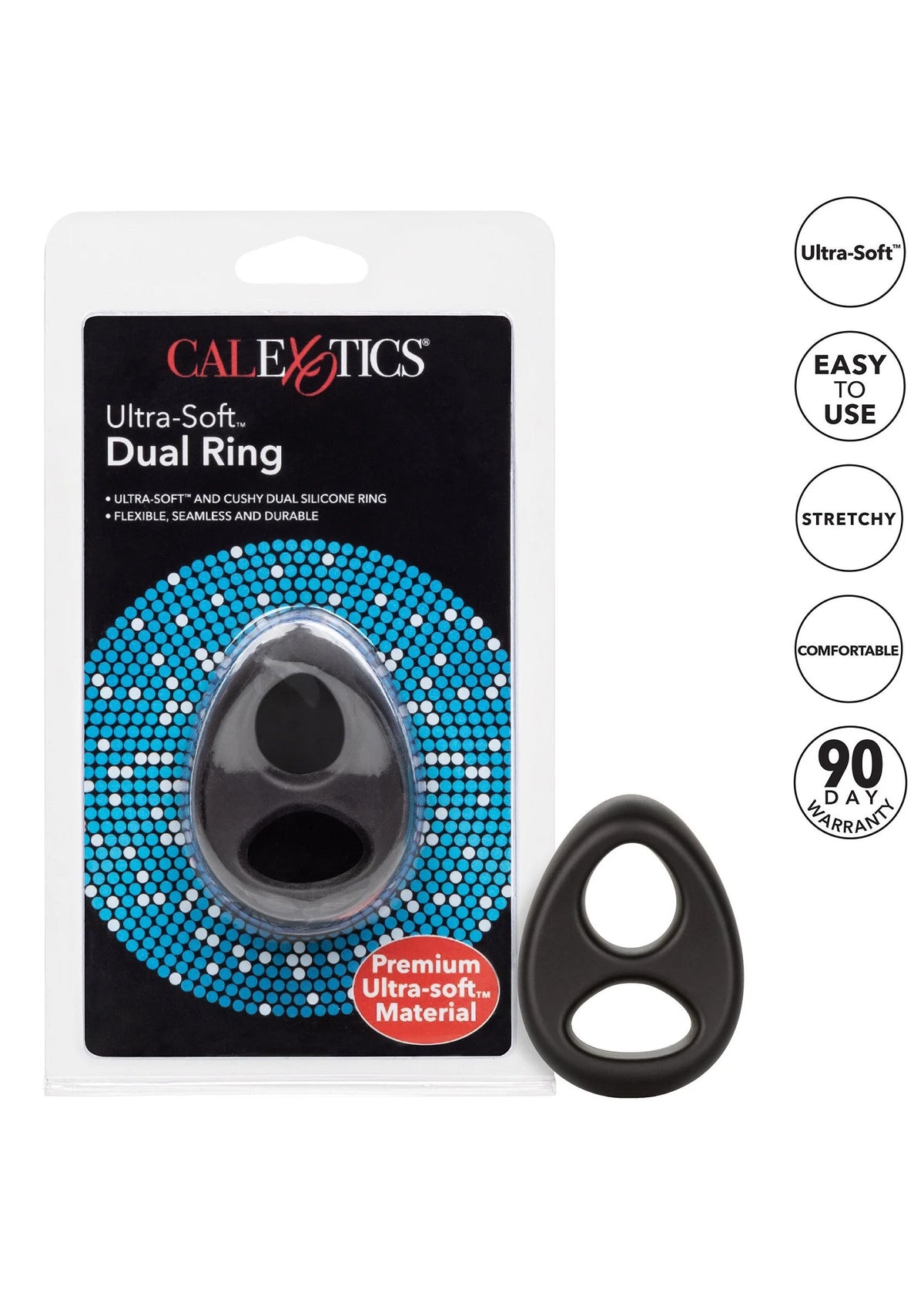 CalExotics Ultra-Soft dual ring set: zwarte siliconen ring en verpakking