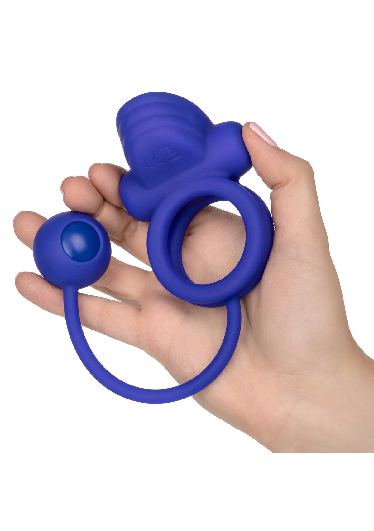 Siliconen dubbele rim-enhancer blauw, twee ringen en losse bol in hand