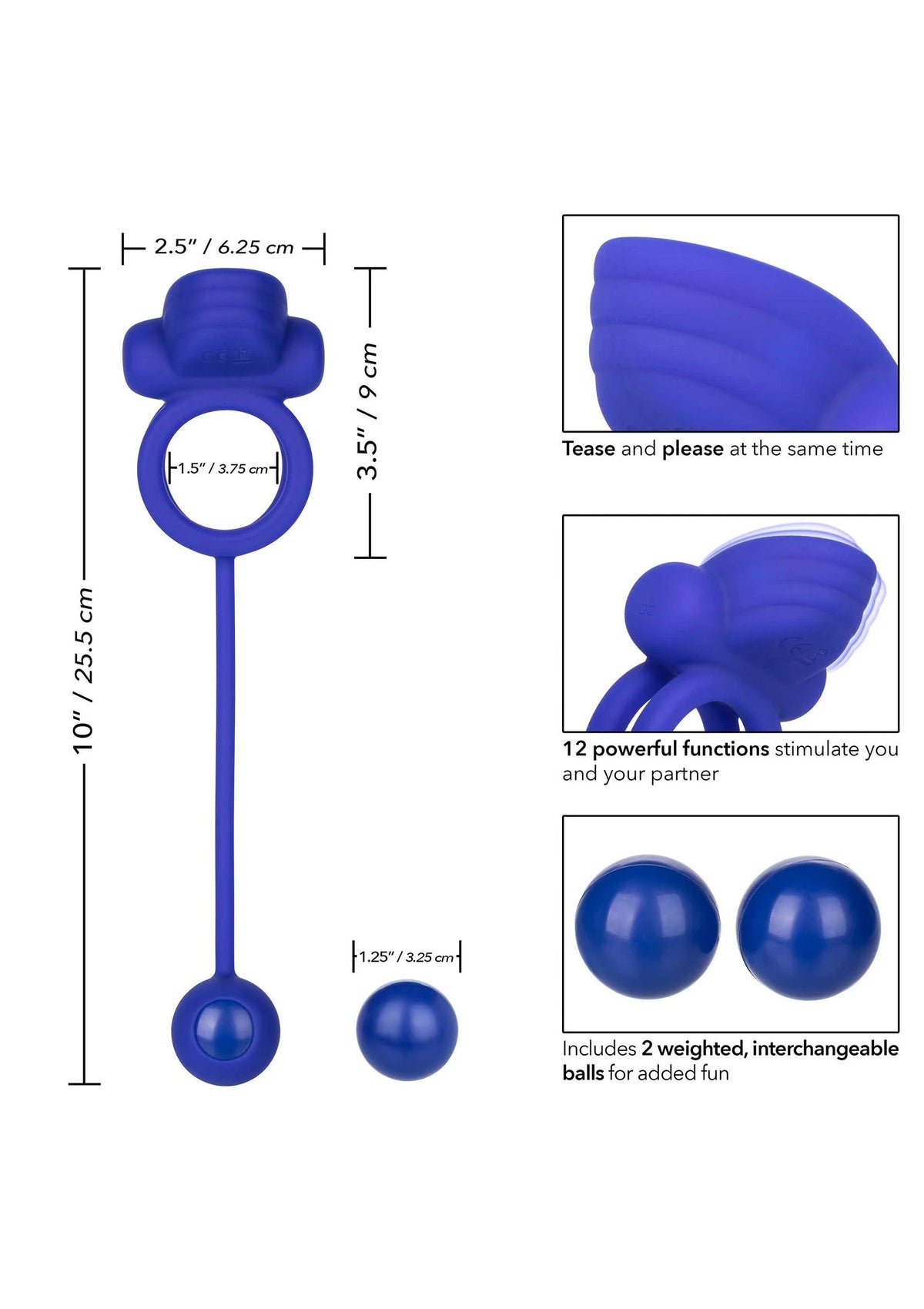 Blauwe siliconen dubbele rim-enhancer met twee ringen en twee bolletjes, maten