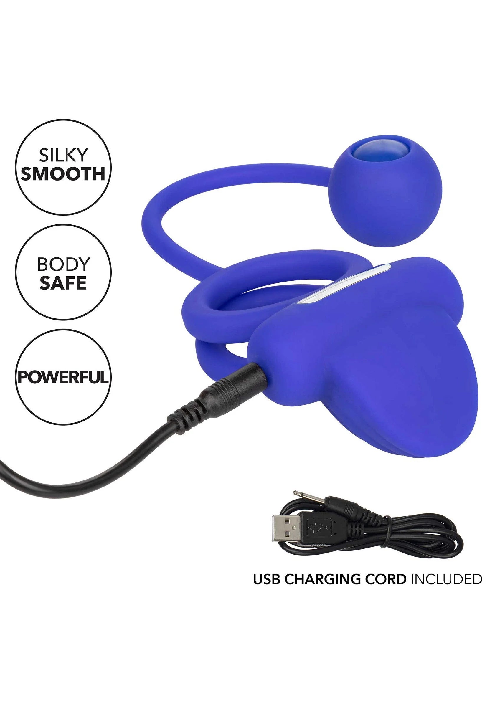 Blauwe siliconen dubbele rim-enhancer met USB-laadkabel en ovale draagring