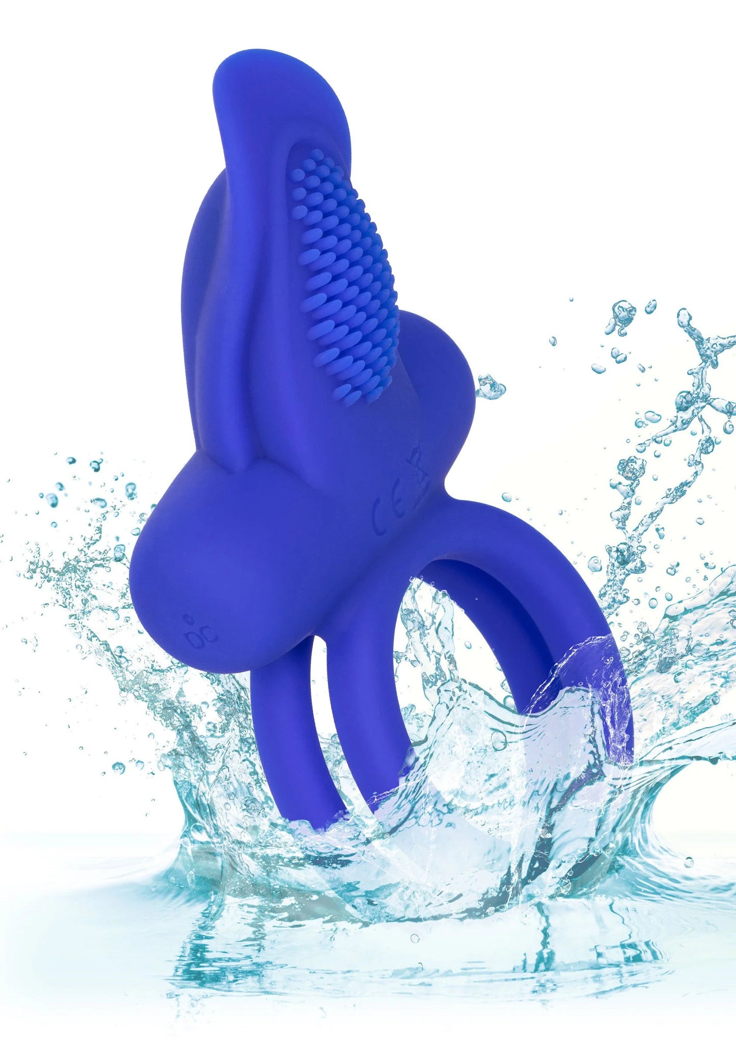 Blauwe siliconen dual enhancer met ring en ribbels, met spatwater rondom