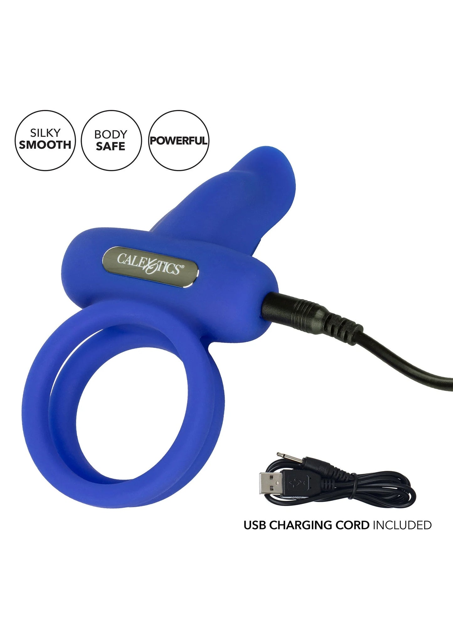 Blauwe siliconen dual enhancer met ring en ribbelpad, met USB-oplaadsnoer