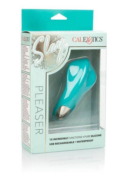 Doos van CalExotics Slay Pleaser vibrator; turkooizen silicone apparaat in verpakking.