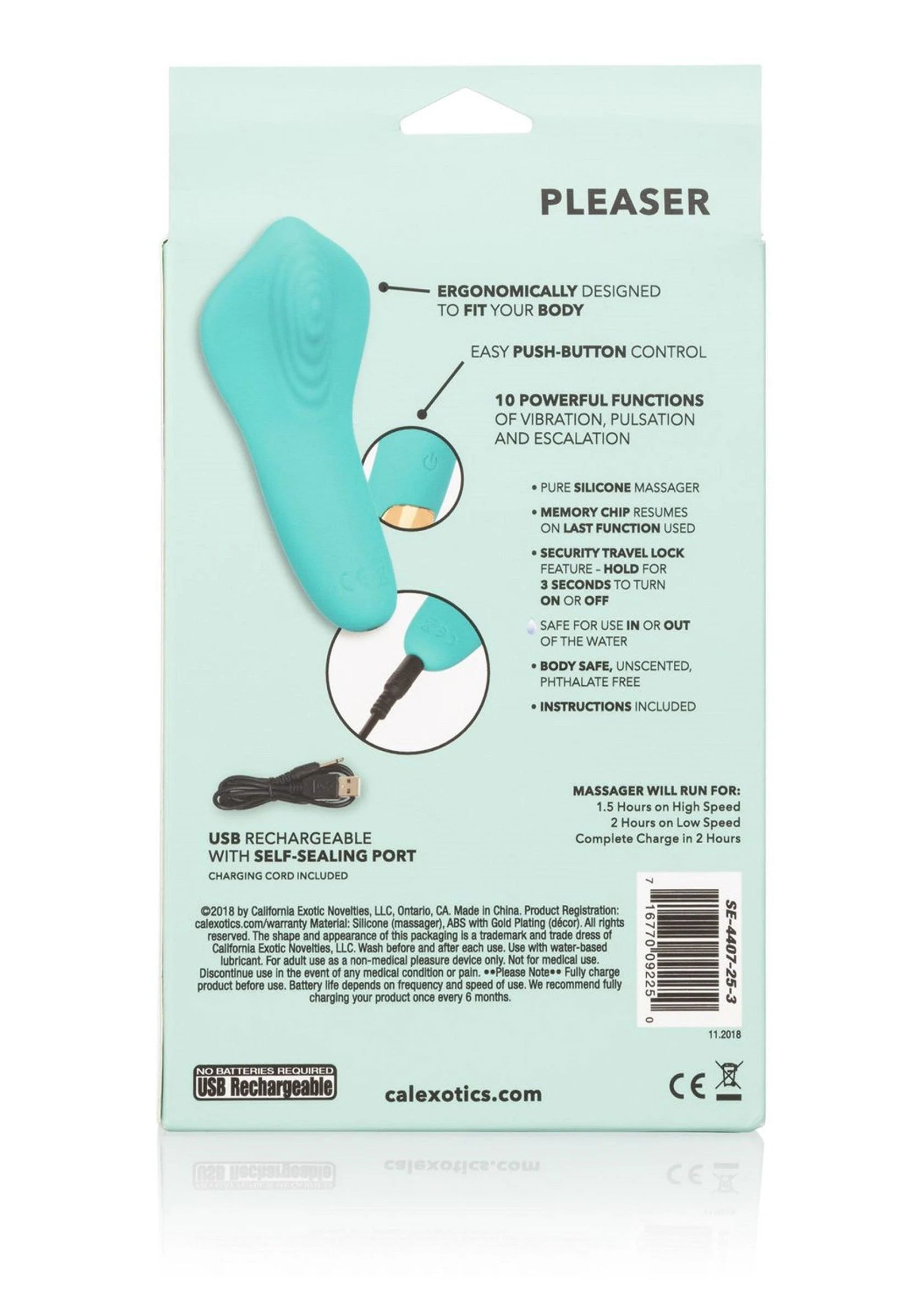 Verpakte turquoise Pleaser-vibrator van CalExotics met USB-oplaadkabel en functies.