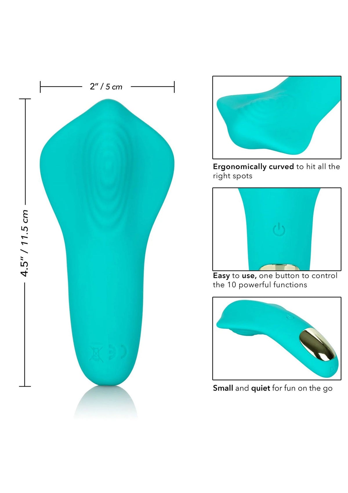 Turquoise vibrator in ergonomische vorm; zijaanzicht met aan/uit-icoon.