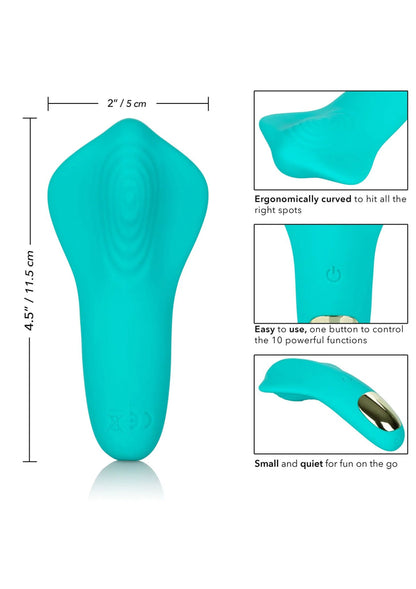 Turquoise vibrator in ergonomische vorm; zijaanzicht met aan/uit-icoon.