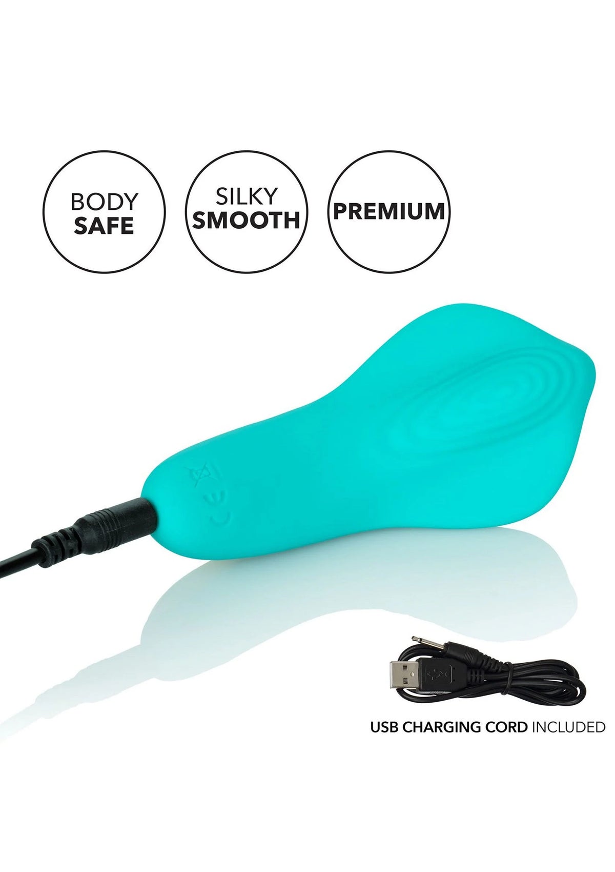 Turquoise vibrator met USB-oplaadkabel; teksture in siliconen, zachte afgeronde vorm.