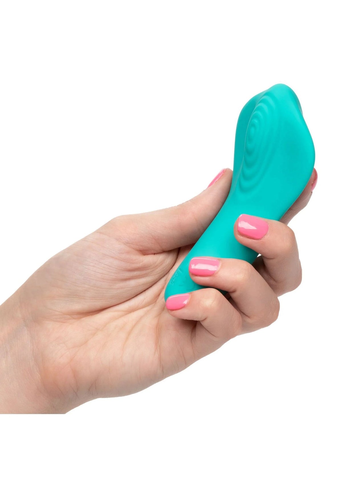 Turquoise vibrator vastgehouden in hand; siliconen oppervlak met afgeronde uiteinden.