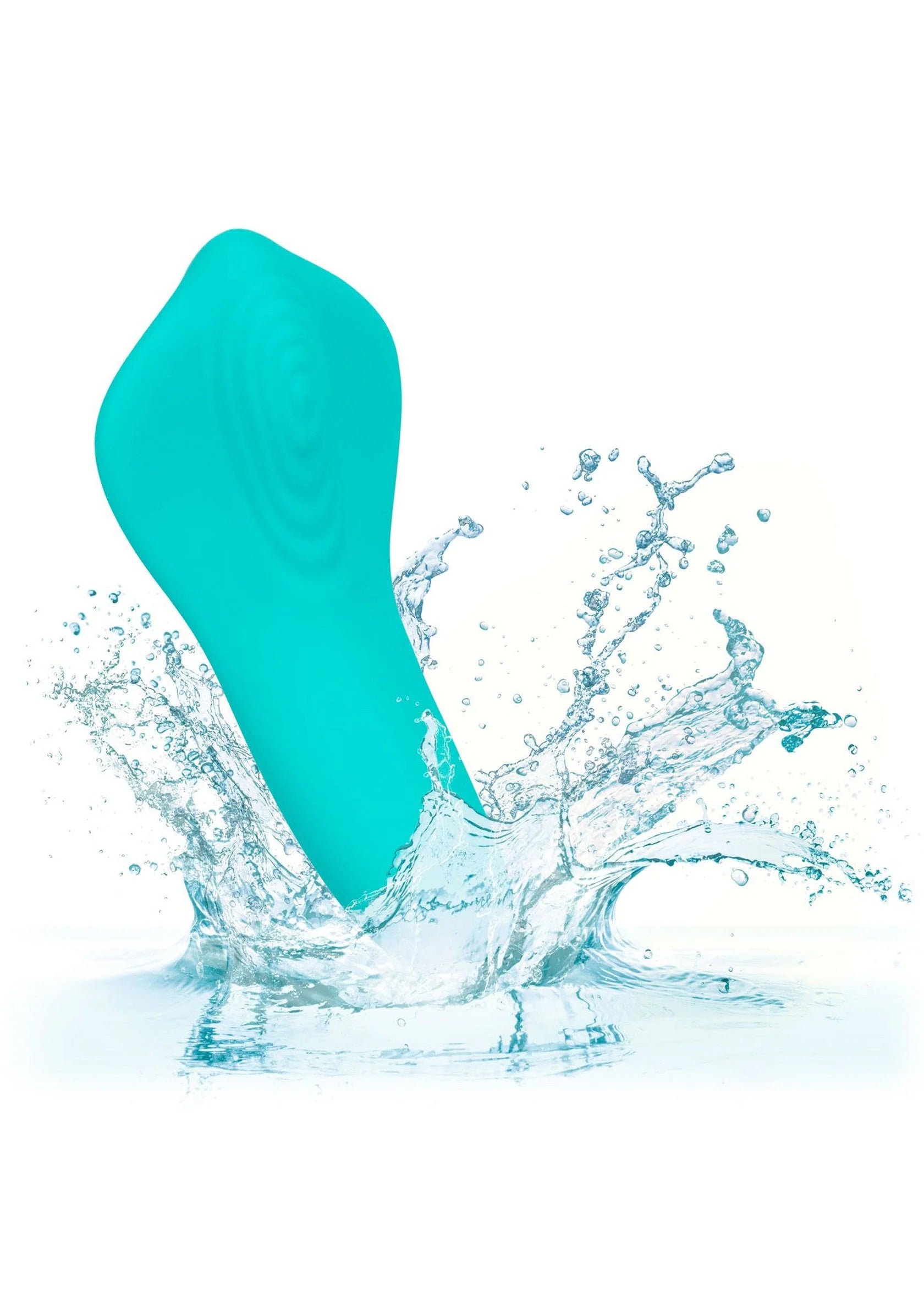 Turquoise vibrator in siliconen, gedeeltelijk onder water met spatten rond het product.