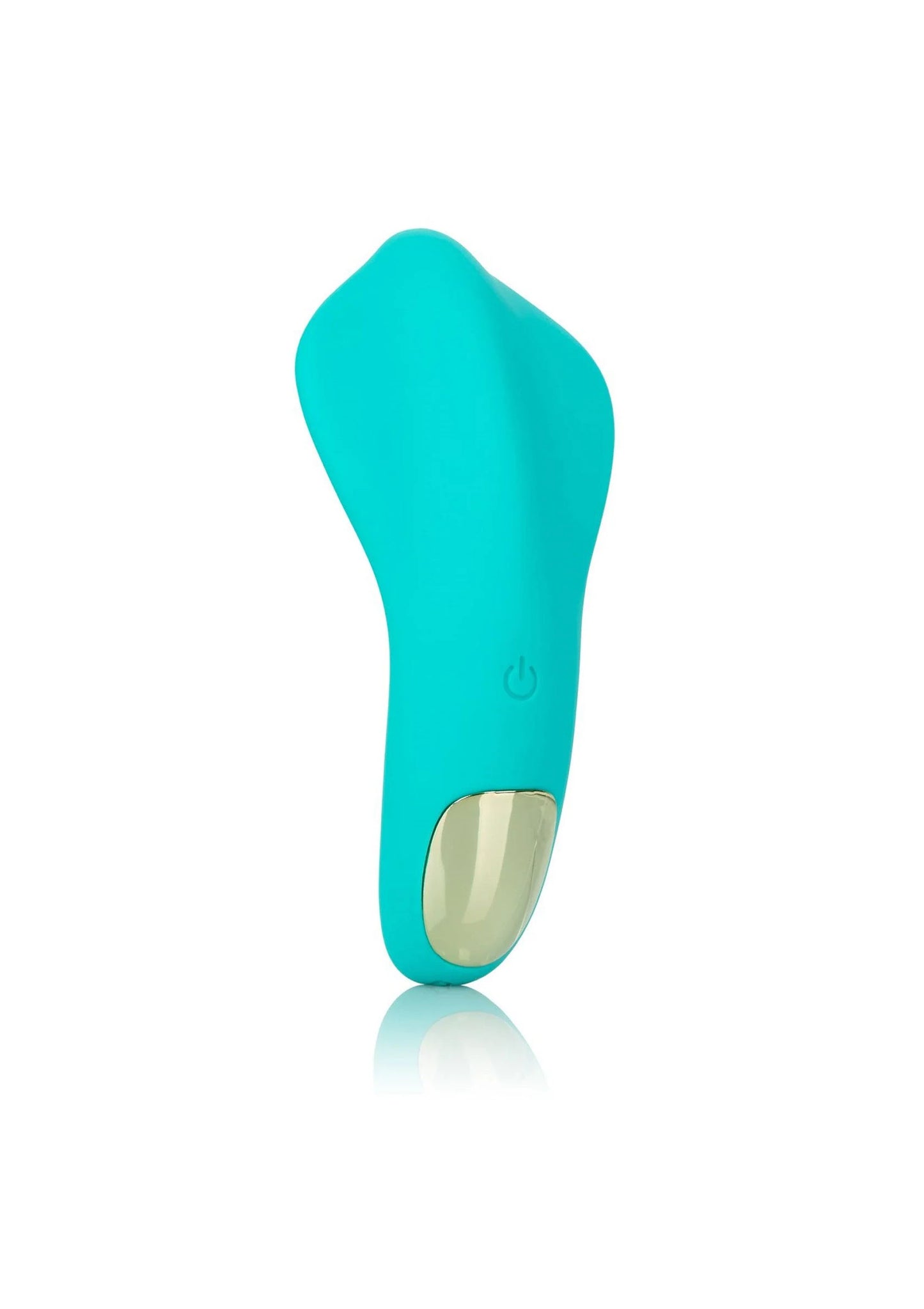 Turquoise vibrator met aan/uit-icoon en platte onderzijde, staand op basis.