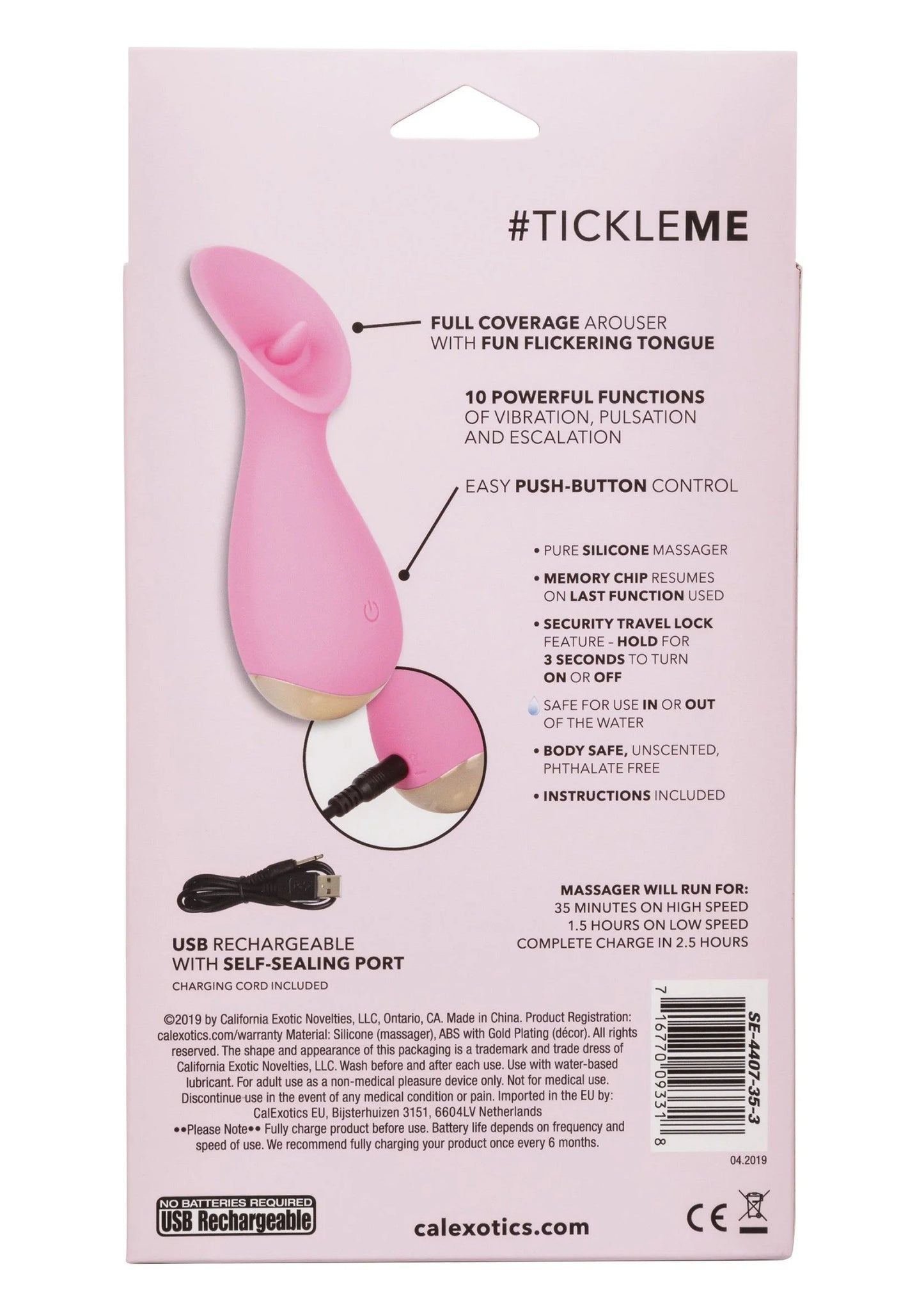 Roze en zwarte productverpakking van Slay #TickleMe met functies en knopbediening