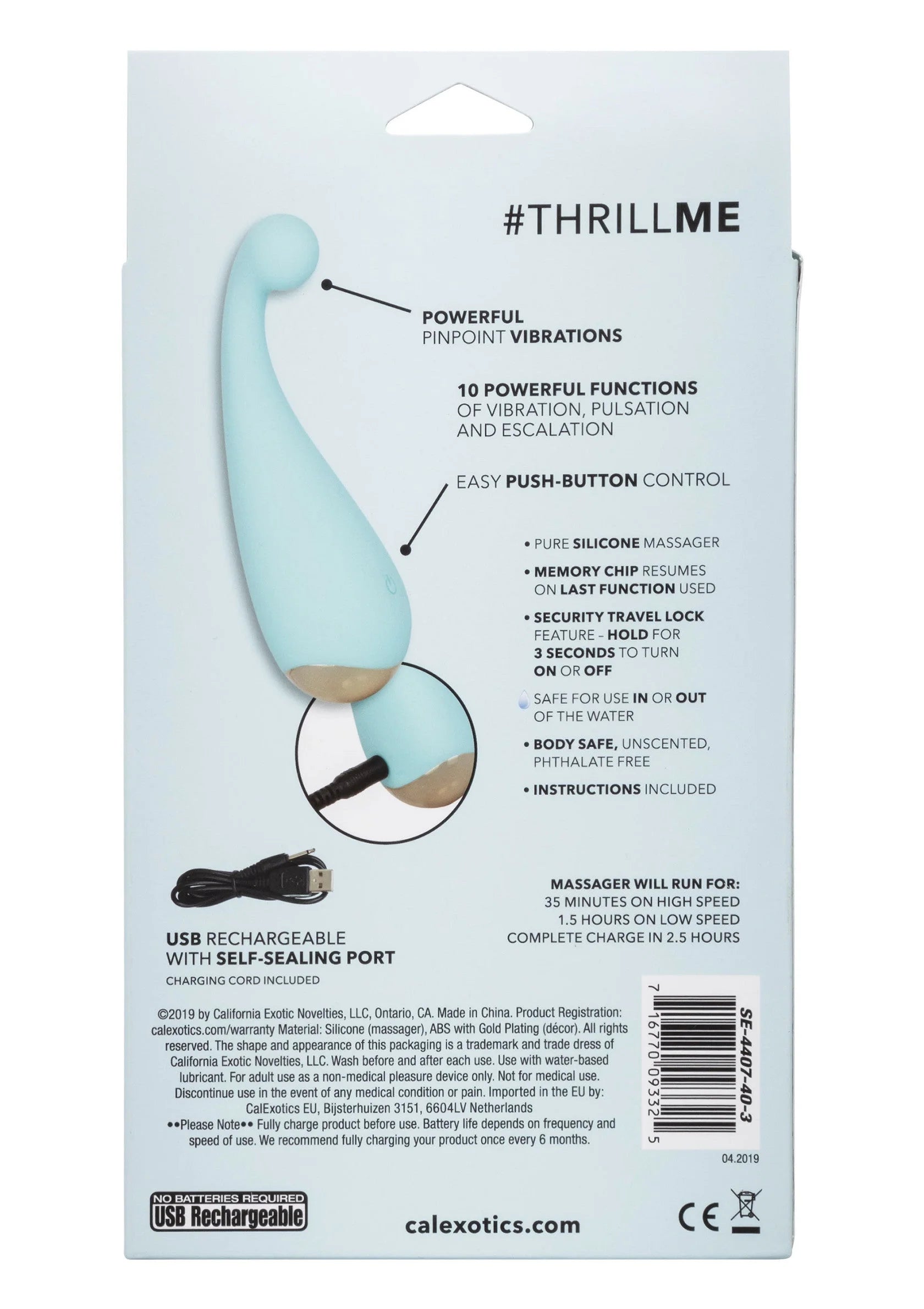 Verpakte lichtblauwe siliconen vibrator met ronde kop en knoppen aan de zijkant