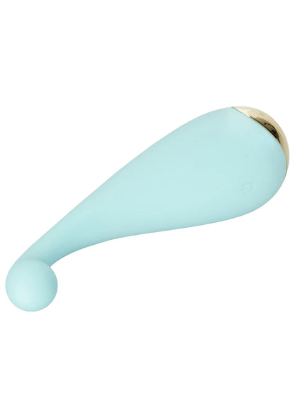 Lichtblauwe siliconen vibrator zijaanzicht met ronde kop en goudkleurige basisrand