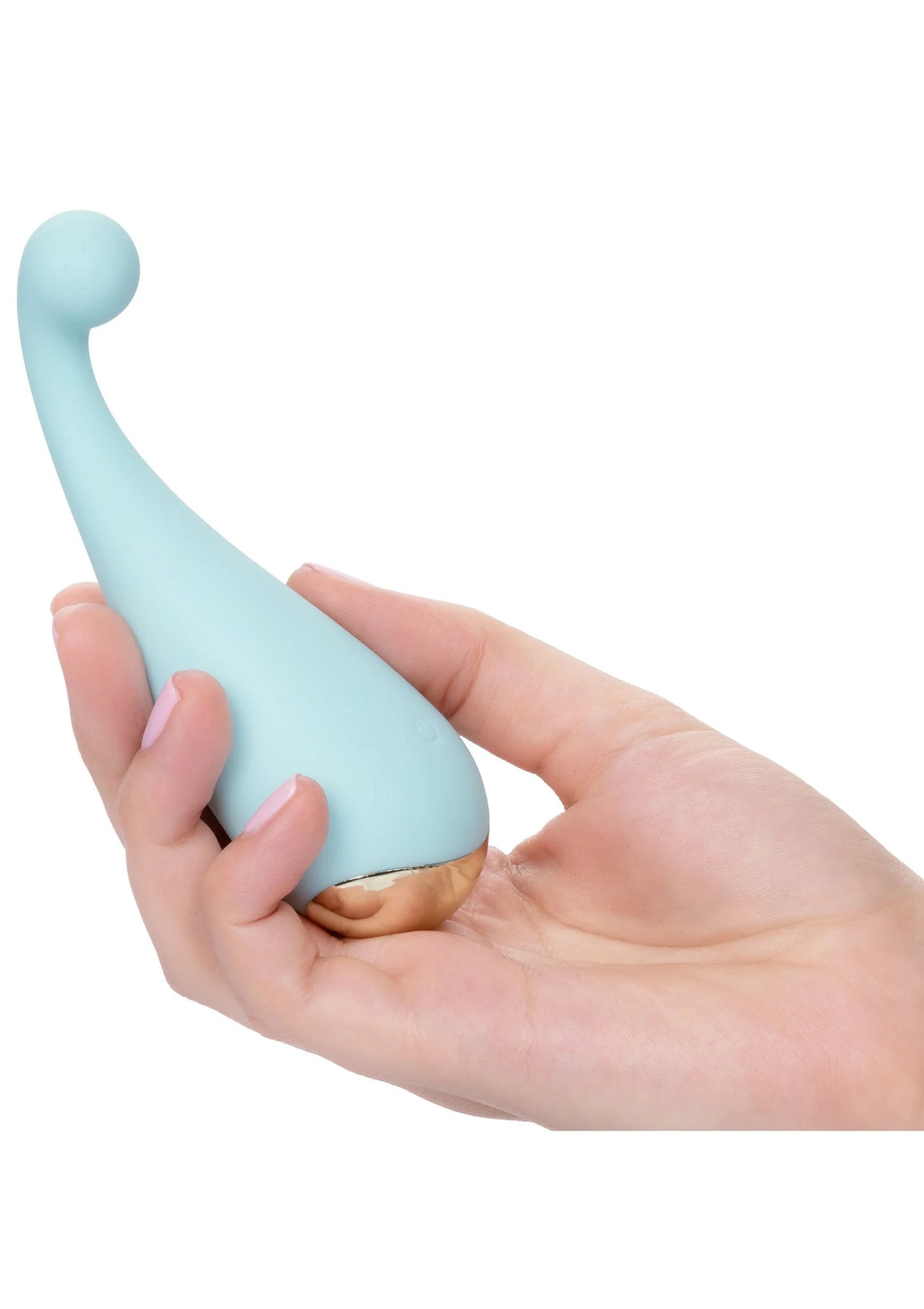 Lichtblauwe siliconen vibrator vastgehouden in hand met ronde kop en glad oppervlak