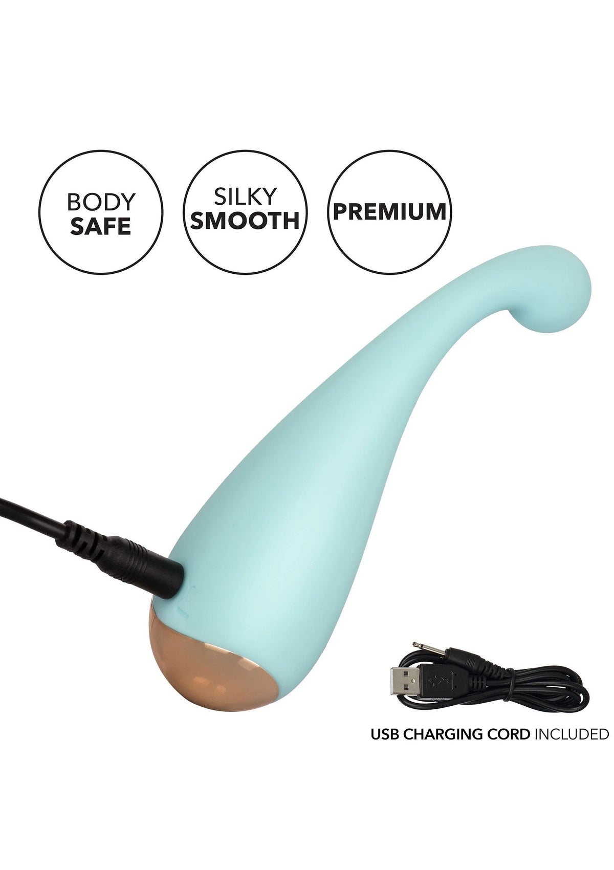 Lichtblauwe siliconen vibrator met USB-oplaadkabel; ronde kop en ovale handgreep