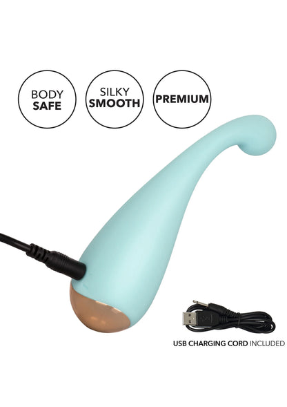 Lichtblauwe siliconen vibrator met USB-oplaadkabel; ronde kop en ovale handgreep