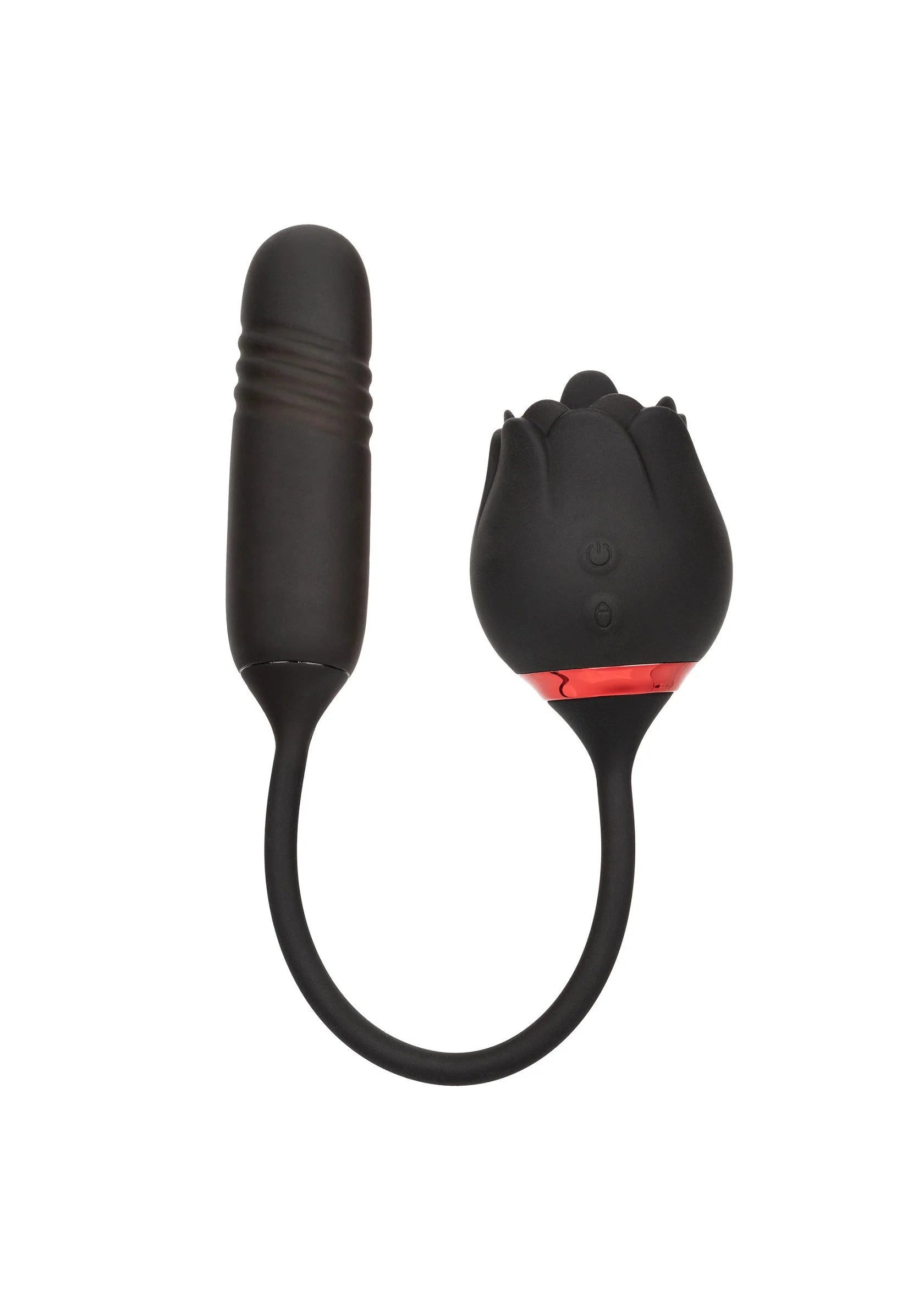 Zwarte vibrator met staaf en tulpvormige kop, inclusief lusvormige kabel.
