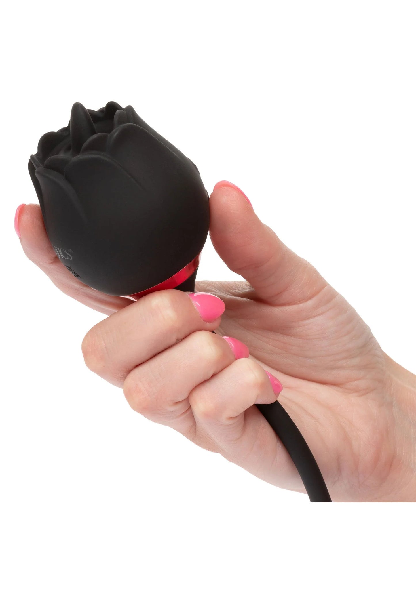 Zwarte vibrator in hand met afgeronde bloemenkop en gladde steel