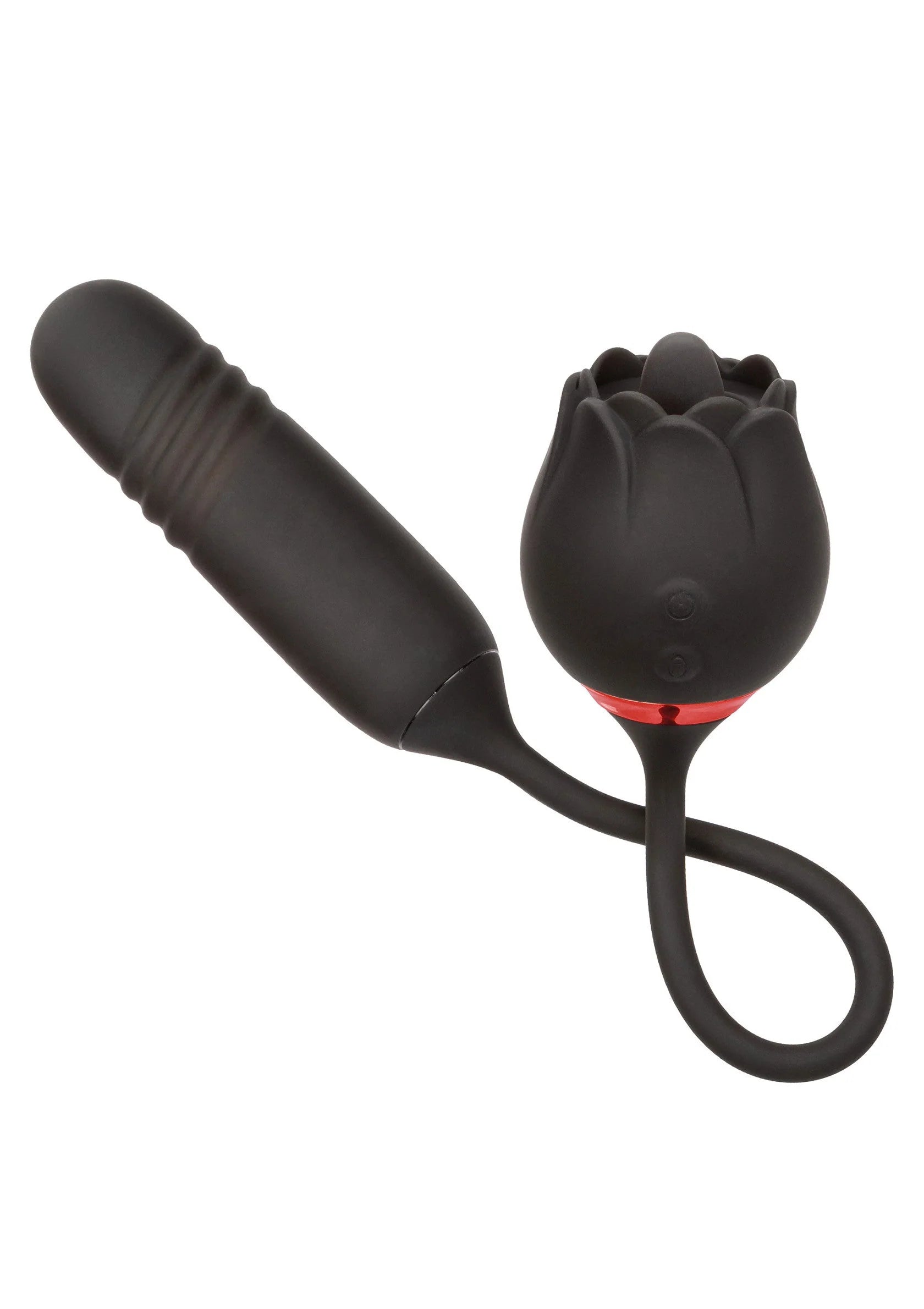 Zwarte vibrator met dubbele kop, Y-vormige basis en brede steel