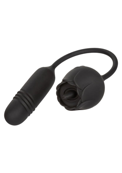Zwarte vibrator met dubbele kop en ronde bediening op de steelzijde