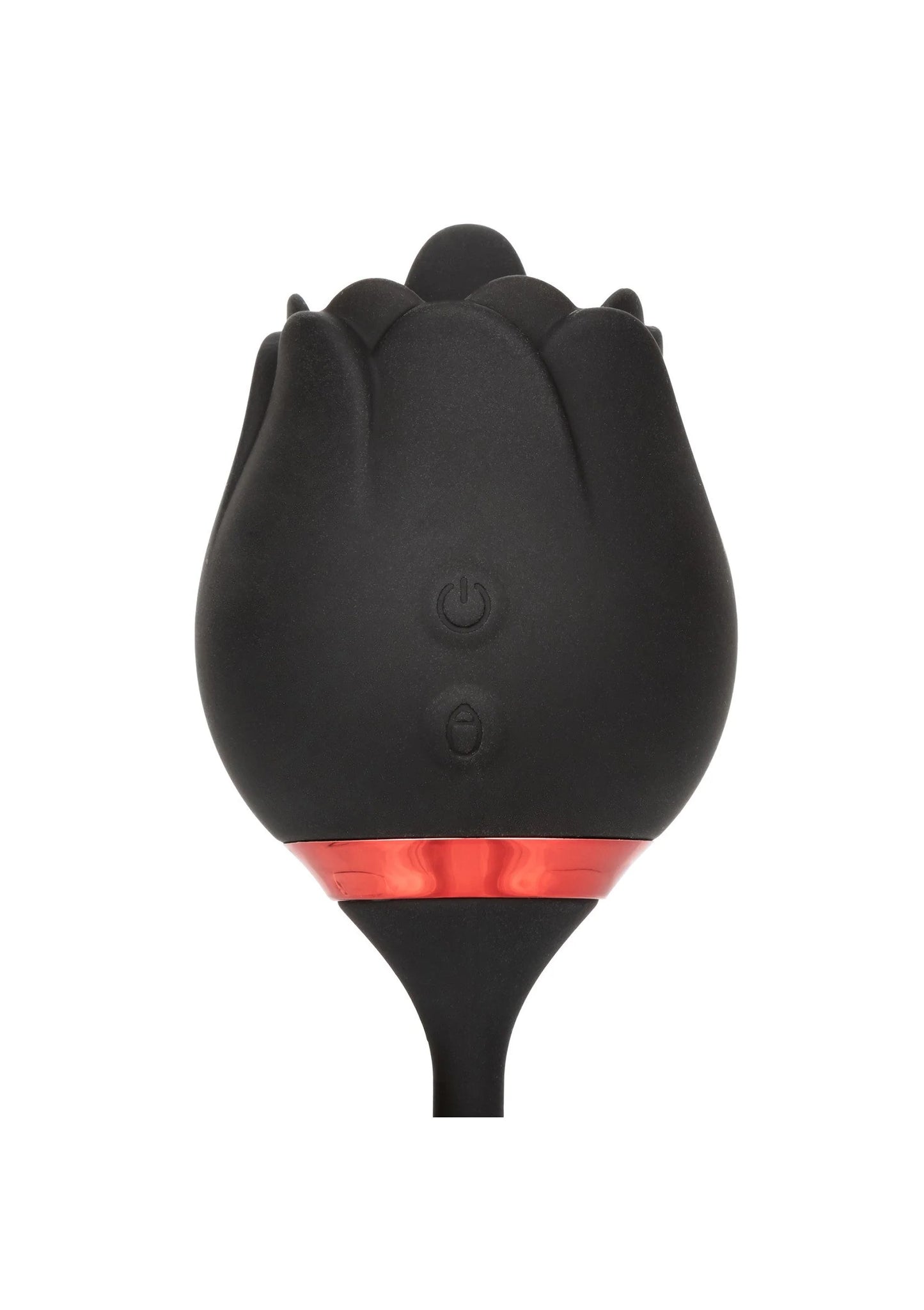 Zwarte bloemvormige vibratorkop met bedieningssymbolen onderaan