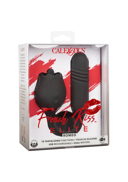 Verpakte French Kiss Elite vibrator door CalExotics met zwarte en rode illustraties.