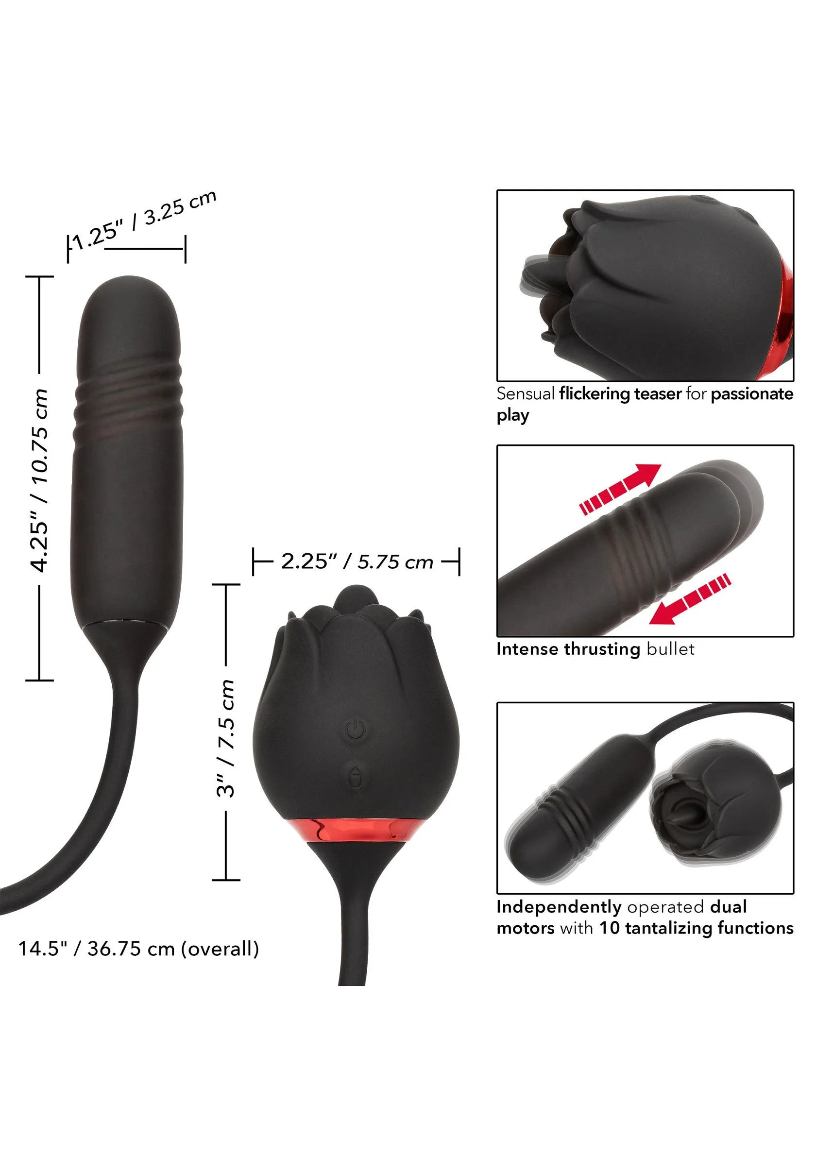 Zwarte vibratorset met afmetingen: staaf, tulpvormige kop en lusvormige kabel.